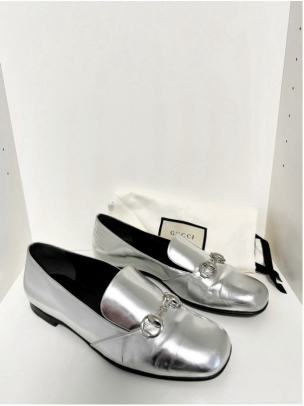 Gucci Silver Mirror Foil Leather Kira Horsebit Loafers Size 36